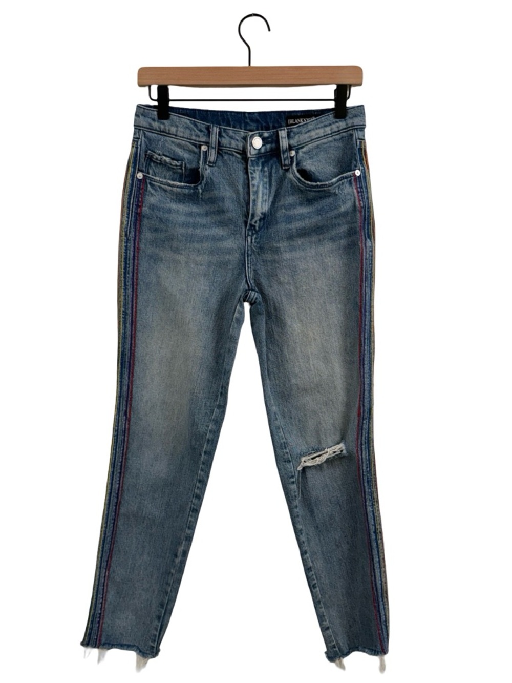 Blank NYC Washed Blue Cropped Jeans with Rainbow Side Stripes